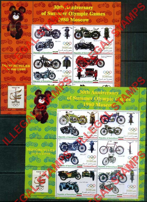 Somaliland 2011 Motorcycles Summer Olympic Games in Moscow (1980) Illegal Stamp Souvenir Sheets of 6 Somaliland 2011 Motorcycles Summer Olympic Games in Moscow (1980) Illegal Stamp Souvenir Sheets of 6