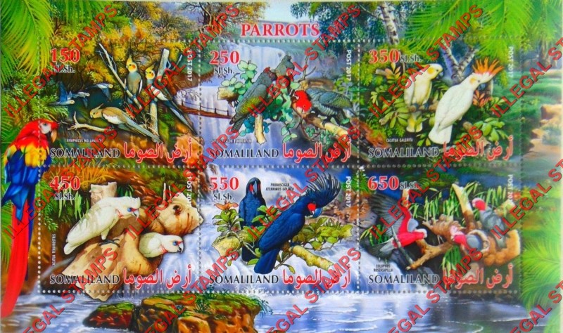 Somaliland 2017 Parrots Illegal Stamp Souvenir Sheet of 6 Somaliland 2017 Parrots Illegal Stamp Souvenir Sheet of 6