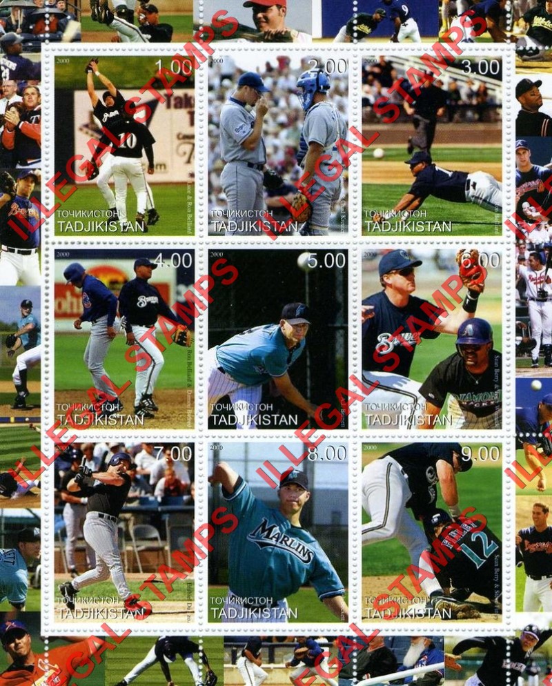 Tajikistan 2000 Baseball Illegal Stamp Souvenir Sheet of 9