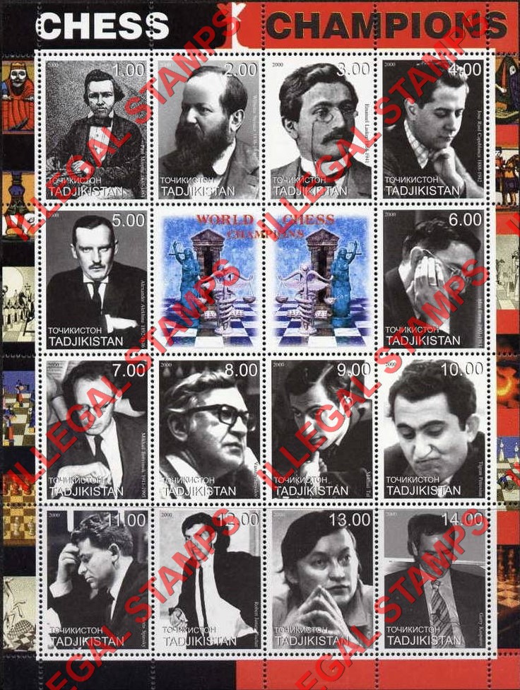 Tajikistan 2000 Chess Champions Illegal Stamp Souvenir Sheet of 9