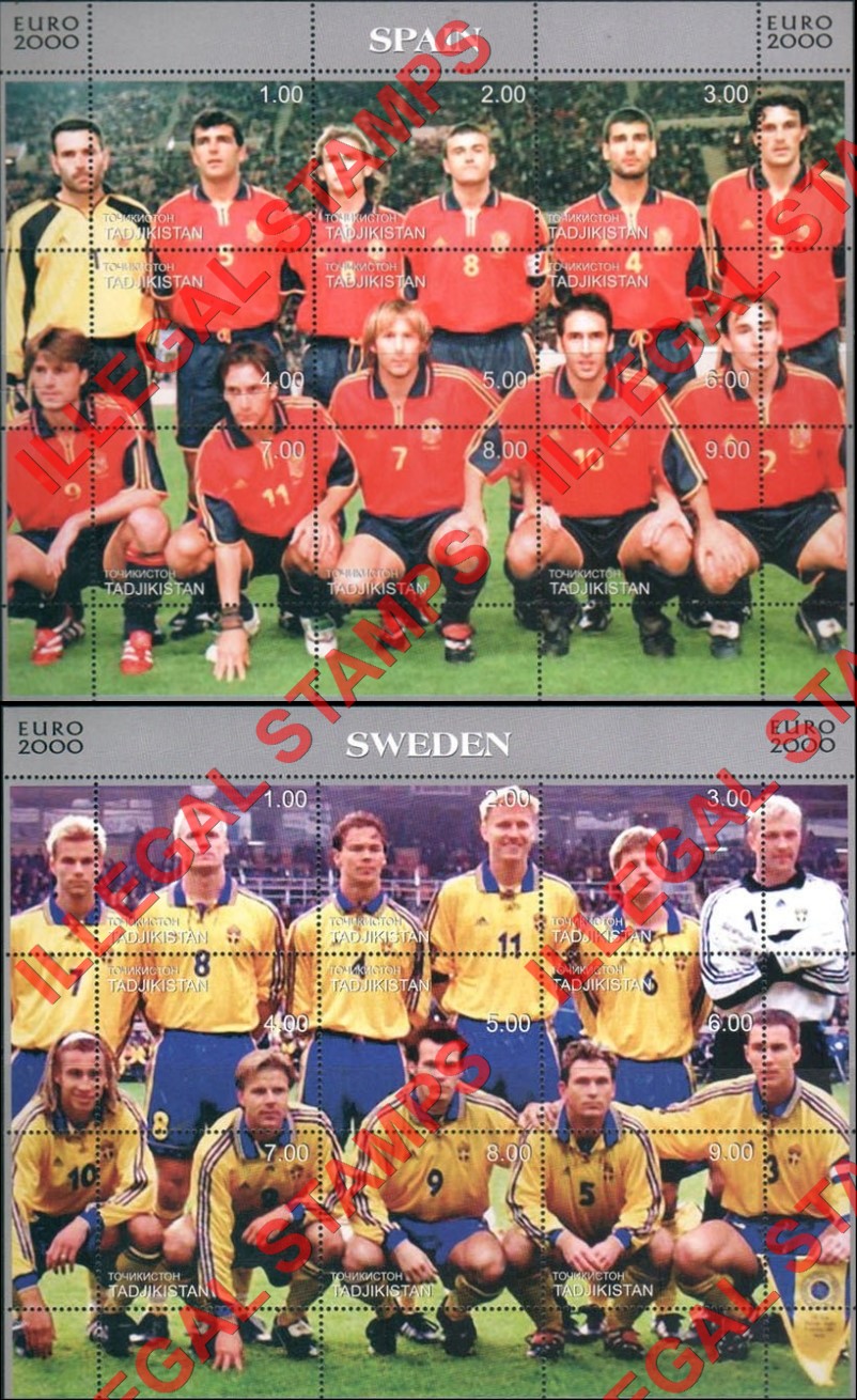 Tajikistan 2000 EURO 2000 European Football Championship Teams Soccer Illegal Stamp Souvenir Sheets of 6 (Part 3)