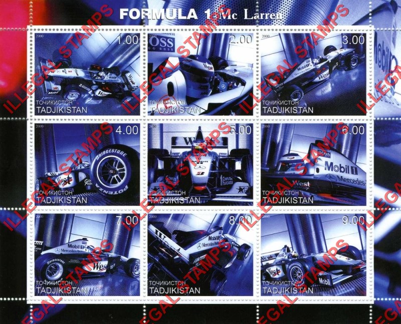 Tajikistan 2000 Formula I Mc Larren Illegal Stamp Souvenir Sheet of 9