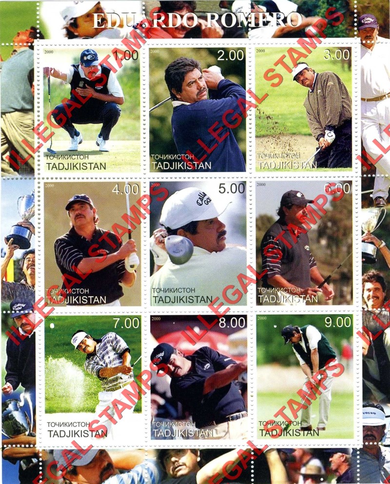 Tajikistan 2000 Golf Eduardo Romero Illegal Stamp Souvenir Sheet of 9