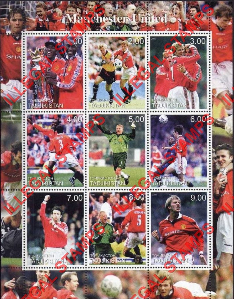 Tajikistan 2000 Manchester United Soccer Football Illegal Stamp Souvenir Sheet of 9