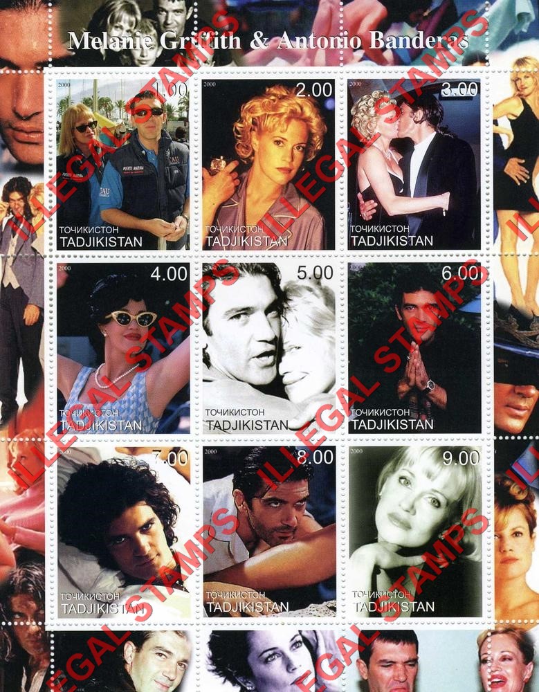 Tajikistan 2000 Melanie Griffith and Antonio Banderas Illegal Stamp Souvenir Sheet of 9