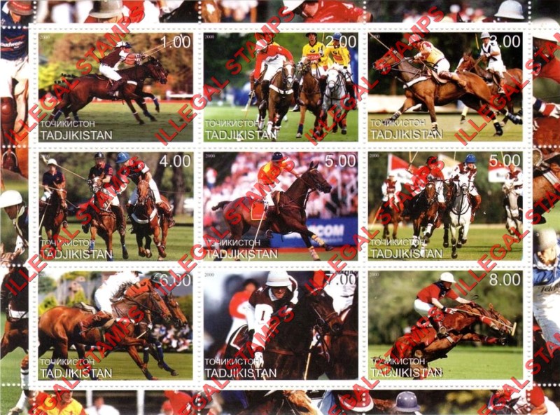 Tajikistan 2000 Polo Illegal Stamp Souvenir Sheet of 9