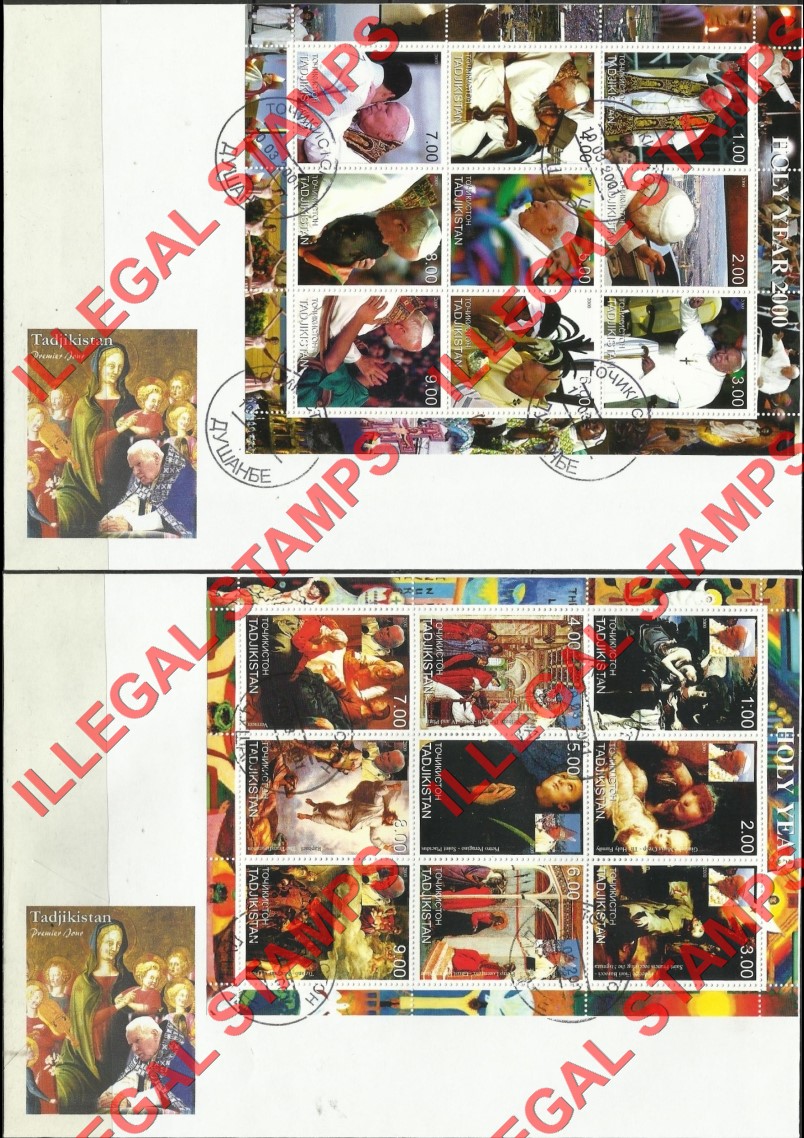 Tajikistan 2000 Pope John Paul II Holy Year Illegal Stamp Souvenir Sheets of 9 on Fake First Day Covers