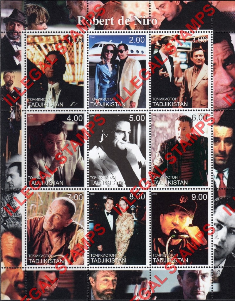 Tajikistan 2000 Robert de Niro Illegal Stamp Souvenir Sheet of 9