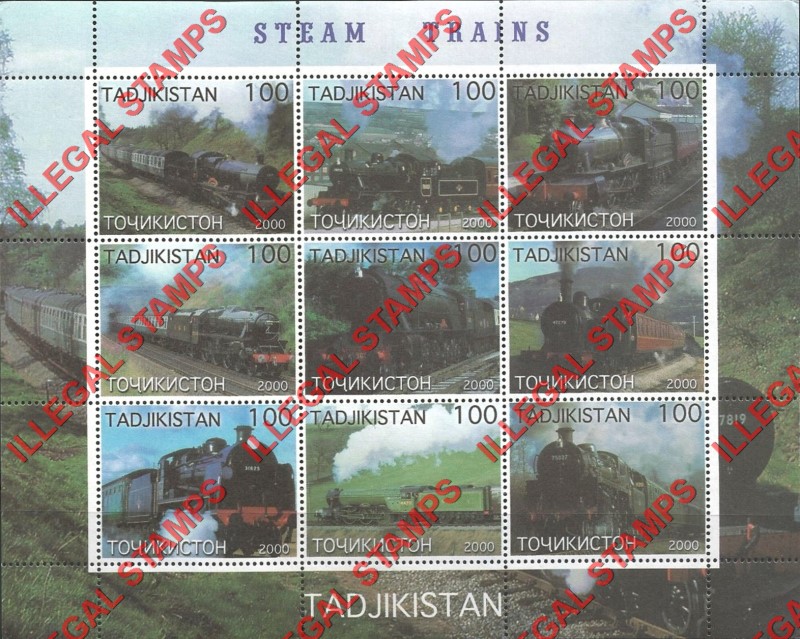 Tajikistan 2000 Steam Trains Illegal Stamp Souvenir Sheet of 9