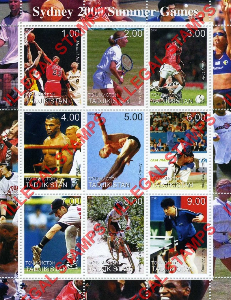 Tajikistan 2000 Sydney Summer Olympic Games Illegal Stamp Souvenir Sheets of 9 (Sheet 2)