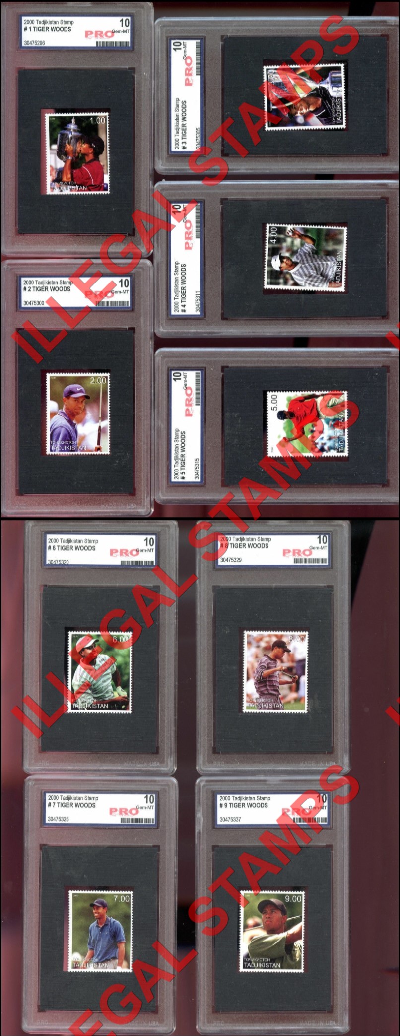 Tajikistan 2000 Tiger Woods Golf Counterfeit Illegal Stamps in Bogus Graded Card Holders