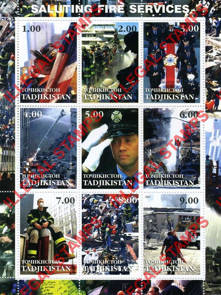 Tajikistan 2001 9-11 Saluting Fire Services Illegal Stamp Souvenir Sheet of 9 Tajikistan 2001 9-11 Saluting Fire Services Illegal Stamp Souvenir Sheet of 9