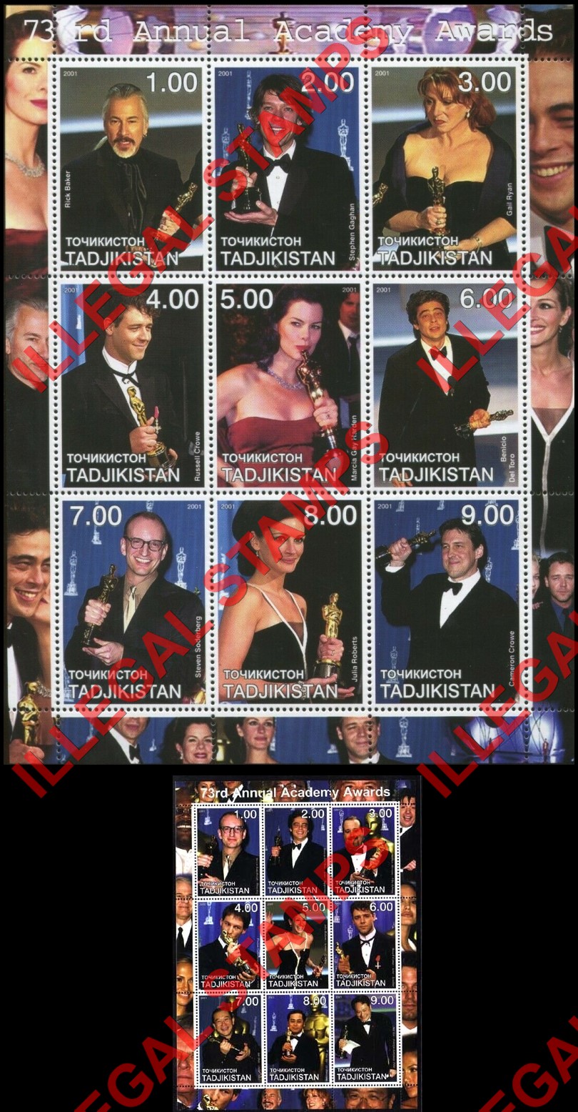 Tajikistan 2001 Academy Award Winners Illegal Stamp Souvenir Sheets of 9 Tajikistan 2001 Academy Award Winners Illegal Stamp Souvenir Sheets of 9