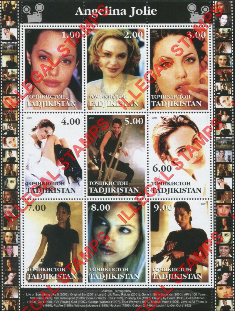 Tajikistan 2001 Angelina Jolie Illegal Stamp Souvenir Sheet of 9 Tajikistan 2001 Angelina Jolie Illegal Stamp Souvenir Sheet of 9