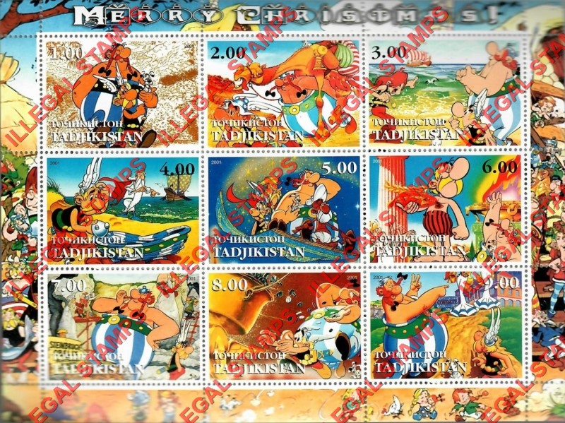 Tajikistan 2001 Aterix Christmas Illegal Stamp Souvenir Sheet of 9 Tajikistan 2001 Aterix Christmas Illegal Stamp Souvenir Sheet of 9