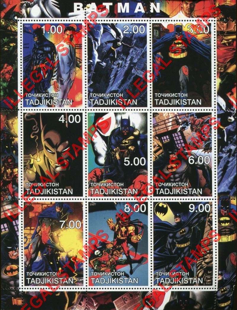 Tajikistan 2001 Batman Illegal Stamp Souvenir Sheet of 9 Tajikistan 2001 Batman Illegal Stamp Souvenir Sheet of 9
