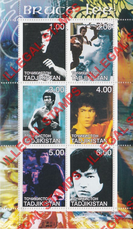 Tajikistan 2001 Bruce Lee Illegal Stamp Souvenir Sheet of 6 Tajikistan 2001 Bruce Lee Illegal Stamp Souvenir Sheet of 6