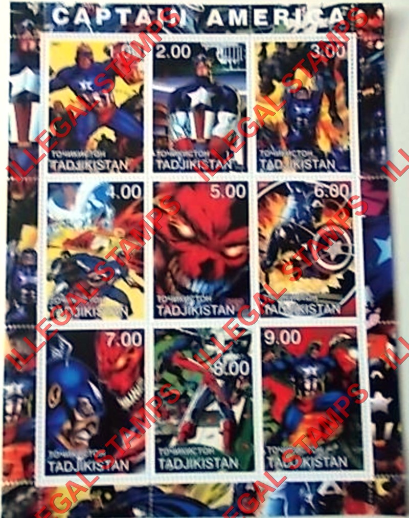 Tajikistan 2001 Captain America Illegal Stamp Souvenir Sheet of 9 Tajikistan 2001 Captain America Illegal Stamp Souvenir Sheet of 9