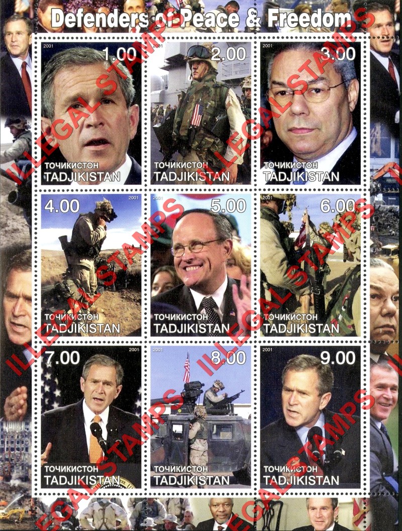 Tajikistan 2001 Defenders of Peace George Bush Illegal Stamp Souvenir Sheet of 9 Tajikistan 2001 Defenders of Peace George Bush Illegal Stamp Souvenir Sheet of 9
