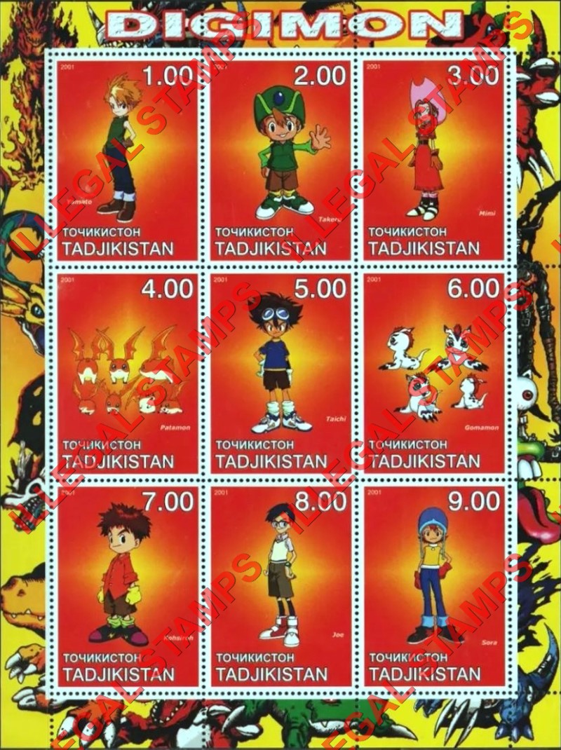 Tajikistan 2001 Digimon Illegal Stamp Souvenir Sheet of 9 Tajikistan 2001 Digimon Illegal Stamp Souvenir Sheet of 9