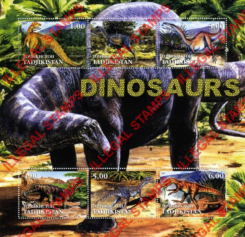 Tajikistan 2001 Dinosaurs Illegal Stamp Souvenir Sheet of 6 Tajikistan 2001 Dinosaurs Illegal Stamp Souvenir Sheet of 6