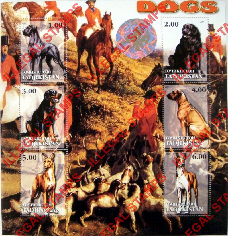 Tajikistan 2001 Dogs Illegal Stamp Souvenir Sheet of 6 with Hologram Scouts Logo Tajikistan 2001 Dogs Illegal Stamp Souvenir Sheet of 6 with Hologram Scouts Logo