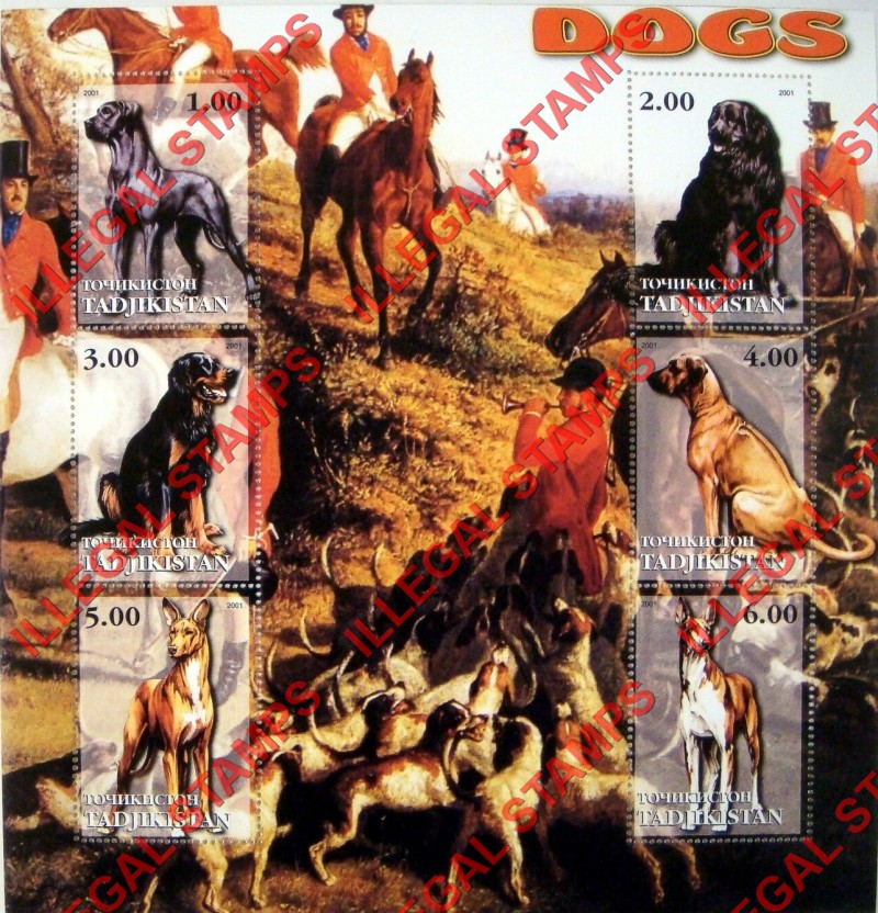 Tajikistan 2001 Dogs Illegal Stamp Souvenir Sheet of 6 Tajikistan 2001 Dogs Illegal Stamp Souvenir Sheet of 6