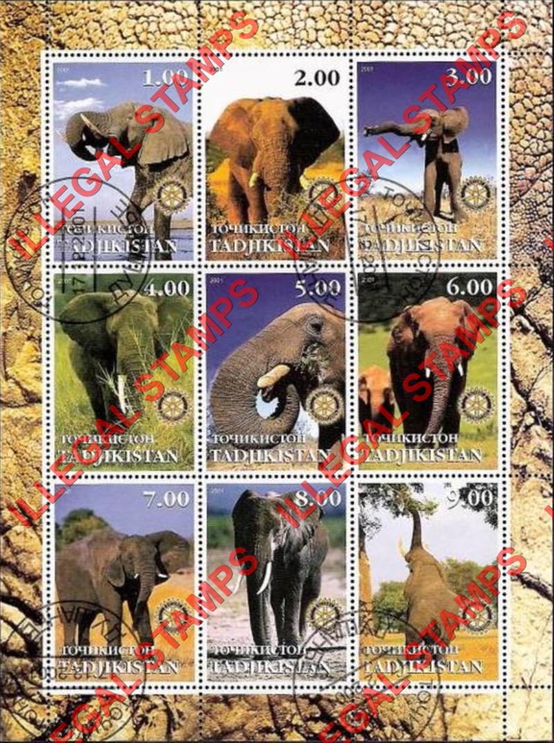 Tajikistan 2001 Elephants Illegal Stamp Souvenir Sheet of 9 Tajikistan 2001 Elephants Illegal Stamp Souvenir Sheet of 9