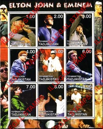 Tajikistan 2001 Elton John and Eminem Illegal Stamp Souvenir Sheet of 9 Tajikistan 2001 Elton John and Eminem Illegal Stamp Souvenir Sheet of 9