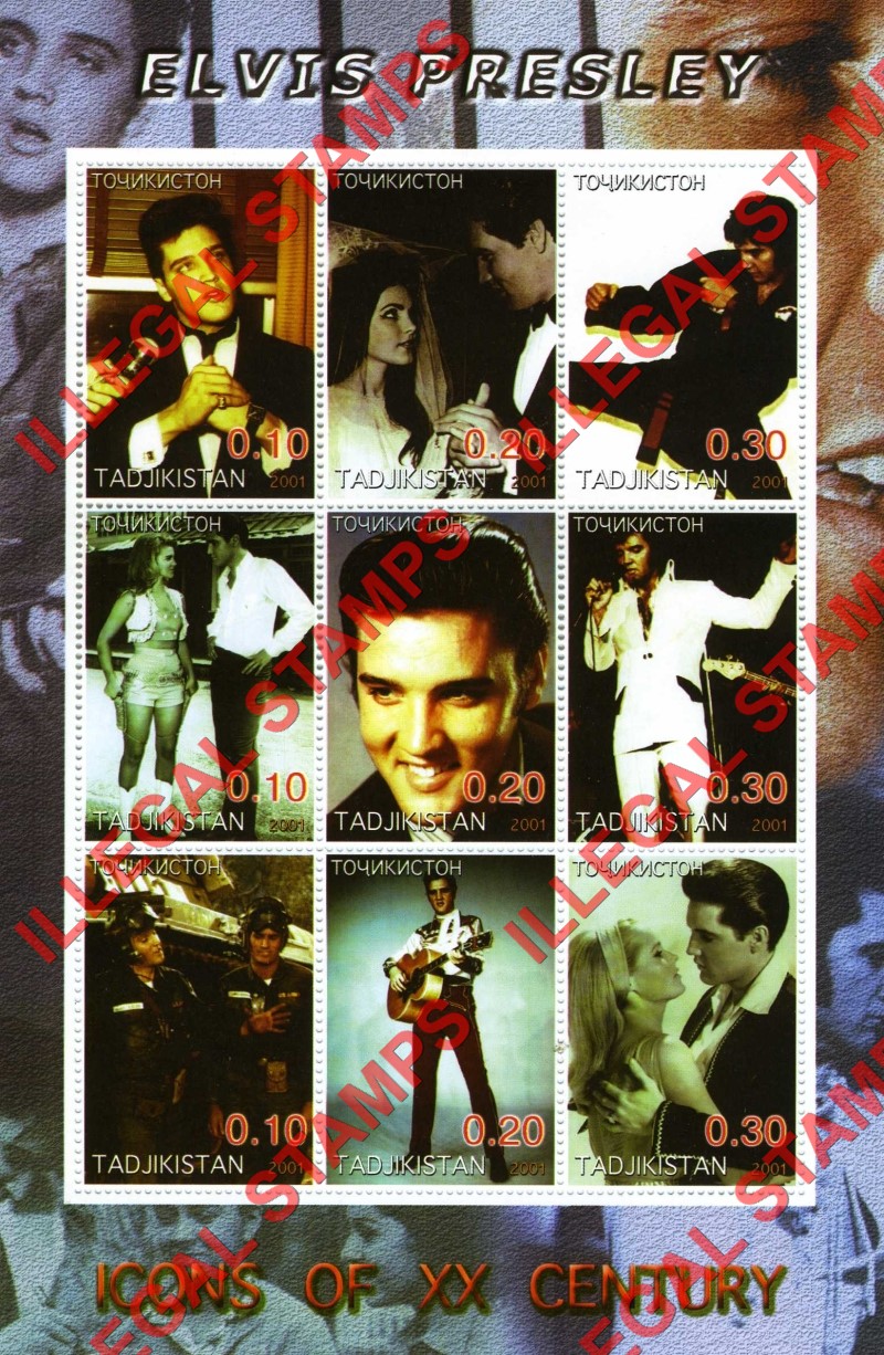 Tajikistan 2001 Elvis Presley Icons of the 20th Century Illegal Stamp Souvenir Sheet of 9 Tajikistan 2001 Elvis Presley Icons of the 20th Century Illegal Stamp Souvenir Sheet of 9