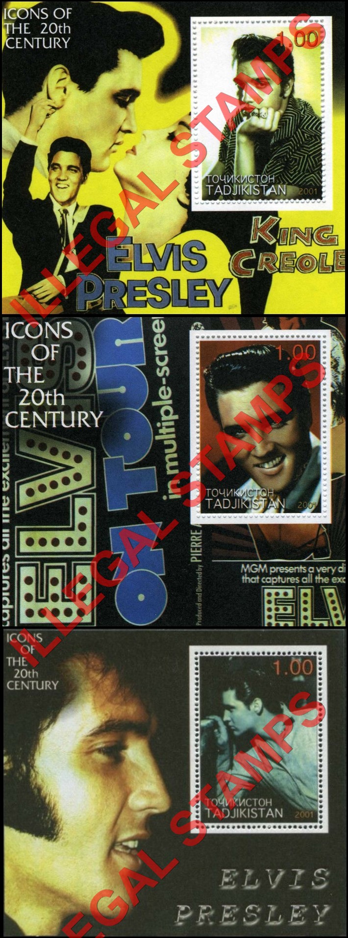 Tajikistan 2001 Elvis Presley Icons of the 20th Century Illegal Stamp Souvenir Sheets of 1 Tajikistan 2001 Elvis Presley Icons of the 20th Century Illegal Stamp Souvenir Sheets of 1