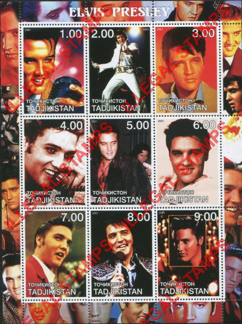 Tajikistan 2001 Elvis Presley Illegal Stamp Souvenir Sheet of 9 Tajikistan 2001 Elvis Presley Illegal Stamp Souvenir Sheet of 9