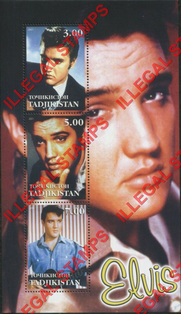 Tajikistan 2001 Elvis Presley Illegal Stamp Souvenir Sheet of 3 Tajikistan 2001 Elvis Presley Illegal Stamp Souvenir Sheet of 3