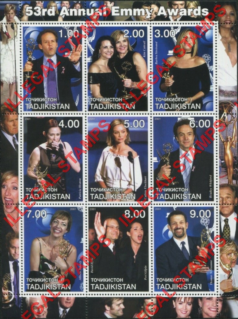 Tajikistan 2001 Emmy Award Winners Illegal Stamp Souvenir Sheet of 9 Tajikistan 2001 Emmy Award Winners Illegal Stamp Souvenir Sheet of 9