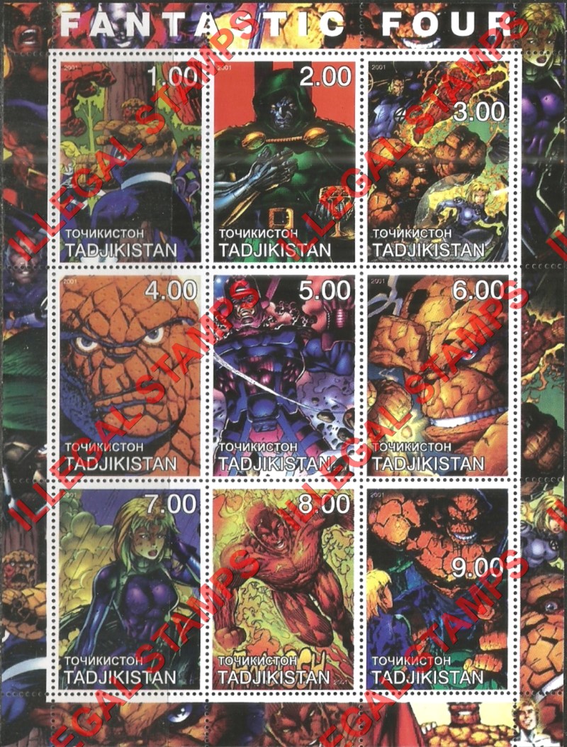 Tajikistan 2001 Fantastic Four Illegal Stamp Souvenir Sheet of 9 Tajikistan 2001 Fantastic Four Illegal Stamp Souvenir Sheet of 9