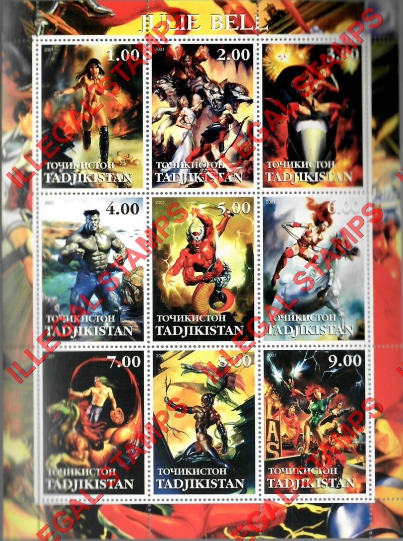 Tajikistan 2001 Fantasy Art by Julie Bell Illegal Stamp Souvenir Sheet of 9 Tajikistan 2001 Fantasy Art by Julie Bell Illegal Stamp Souvenir Sheet of 9
