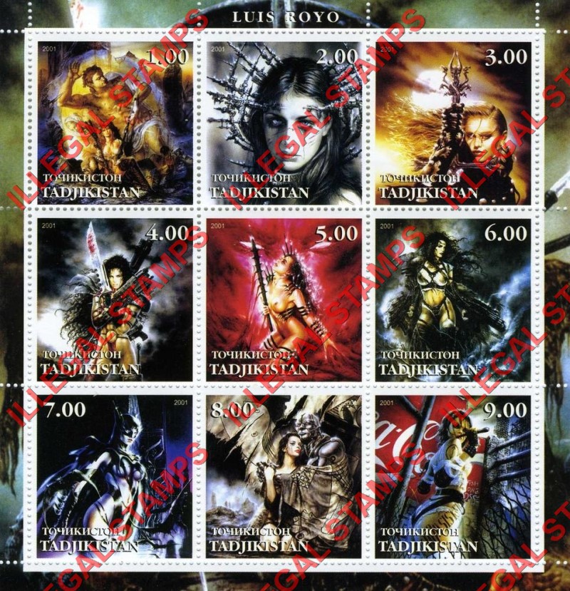Tajikistan 2001 Fantasy Art by Luis Royo Illegal Stamp Souvenir Sheet of 9 Tajikistan 2001 Fantasy Art by Luis Royo Illegal Stamp Souvenir Sheet of 9