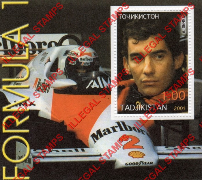Tajikistan 2001 Formula I Drivers Airton Senna Illegal Stamp Souvenir Sheet of 1 Tajikistan 2001 Formula I Drivers Airton Senna Illegal Stamp Souvenir Sheet of 1