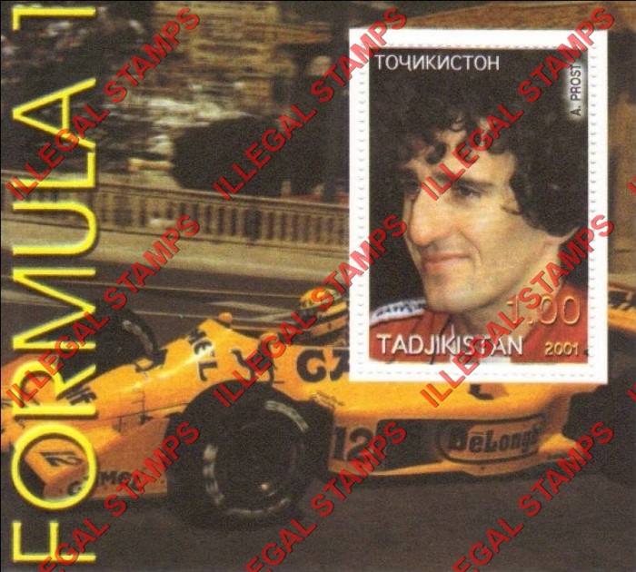 Tajikistan 2001 Formula I Drivers Alain Prost Illegal Stamp Souvenir Sheet of 1 Tajikistan 2001 Formula I Drivers Alain Prost Illegal Stamp Souvenir Sheet of 1
