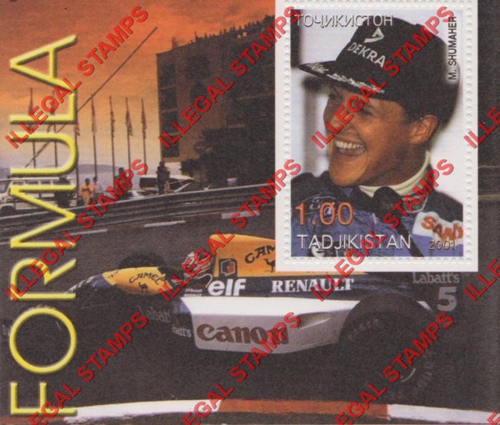 Tajikistan 2001 Formula I Drivers Michael Schumacher Illegal Stamp Souvenir Sheet of 1 Tajikistan 2001 Formula I Drivers Michael Schumacher Illegal Stamp Souvenir Sheet of 1