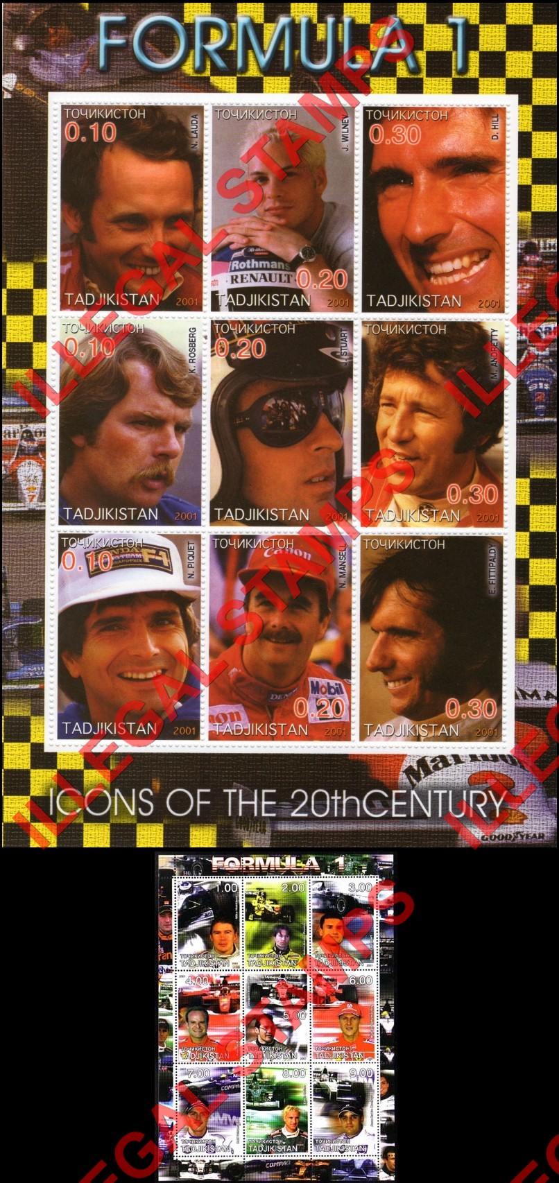 Tajikistan 2001 Formula I Drivers Illegal Stamp Souvenir Sheet of 9 Tajikistan 2001 Formula I Drivers Illegal Stamp Souvenir Sheet of 9