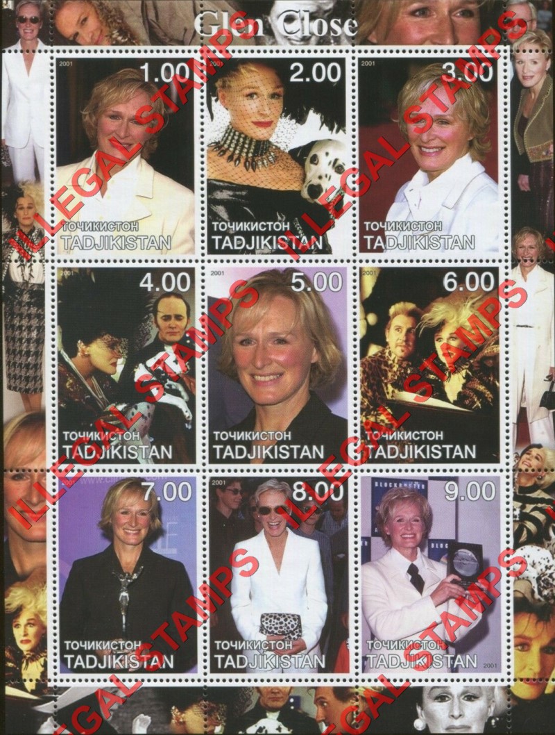 Tajikistan 2001 Glenn Close Illegal Stamp Souvenir Sheet of 9 Tajikistan 2001 Glenn Close Illegal Stamp Souvenir Sheet of 9