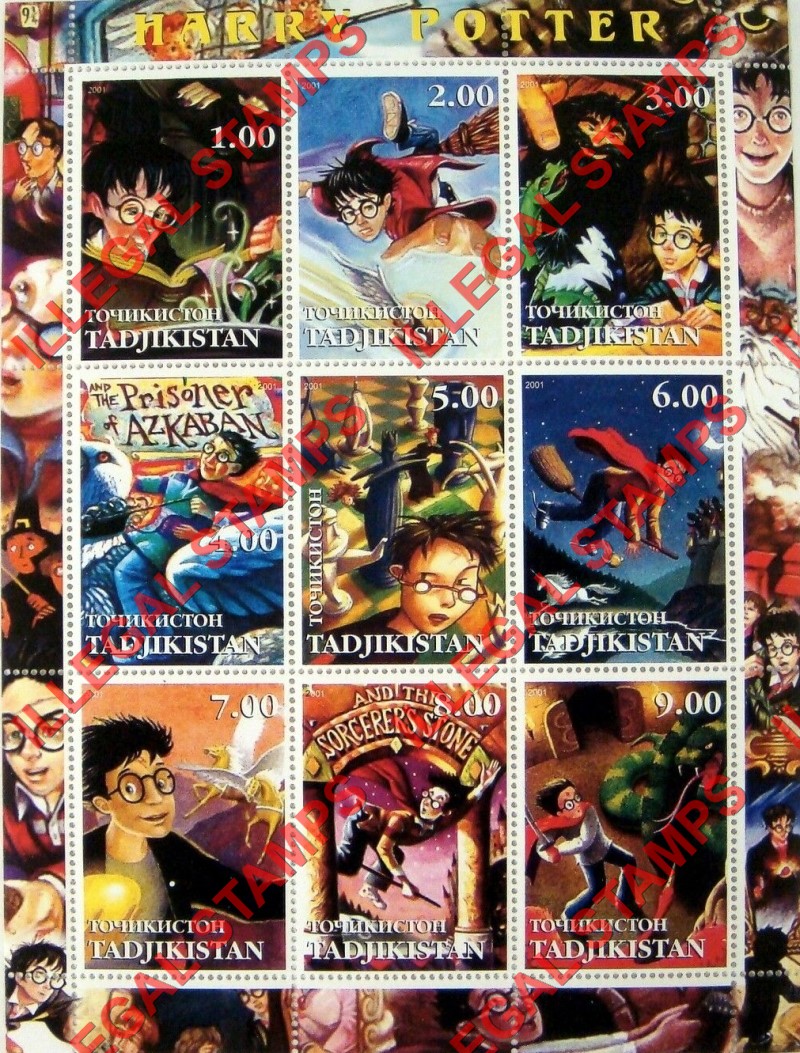 Tajikistan 2001 Harry Potter Illegal Stamp Souvenir Sheet of 9 Tajikistan 2001 Harry Potter Illegal Stamp Souvenir Sheet of 9