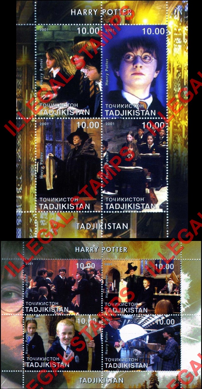 Tajikistan 2001 Harry Potter Illegal Stamp Souvenir Sheets of 4 Tajikistan 2001 Harry Potter Illegal Stamp Souvenir Sheets of 4