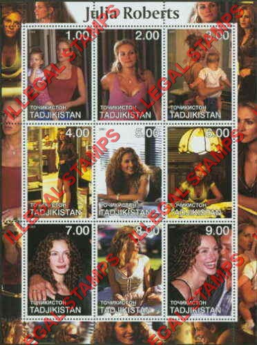 Tajikistan 2001 Julia Roberts Illegal Stamp Souvenir Sheet of 9 Tajikistan 2001 Julia Roberts Illegal Stamp Souvenir Sheet of 9