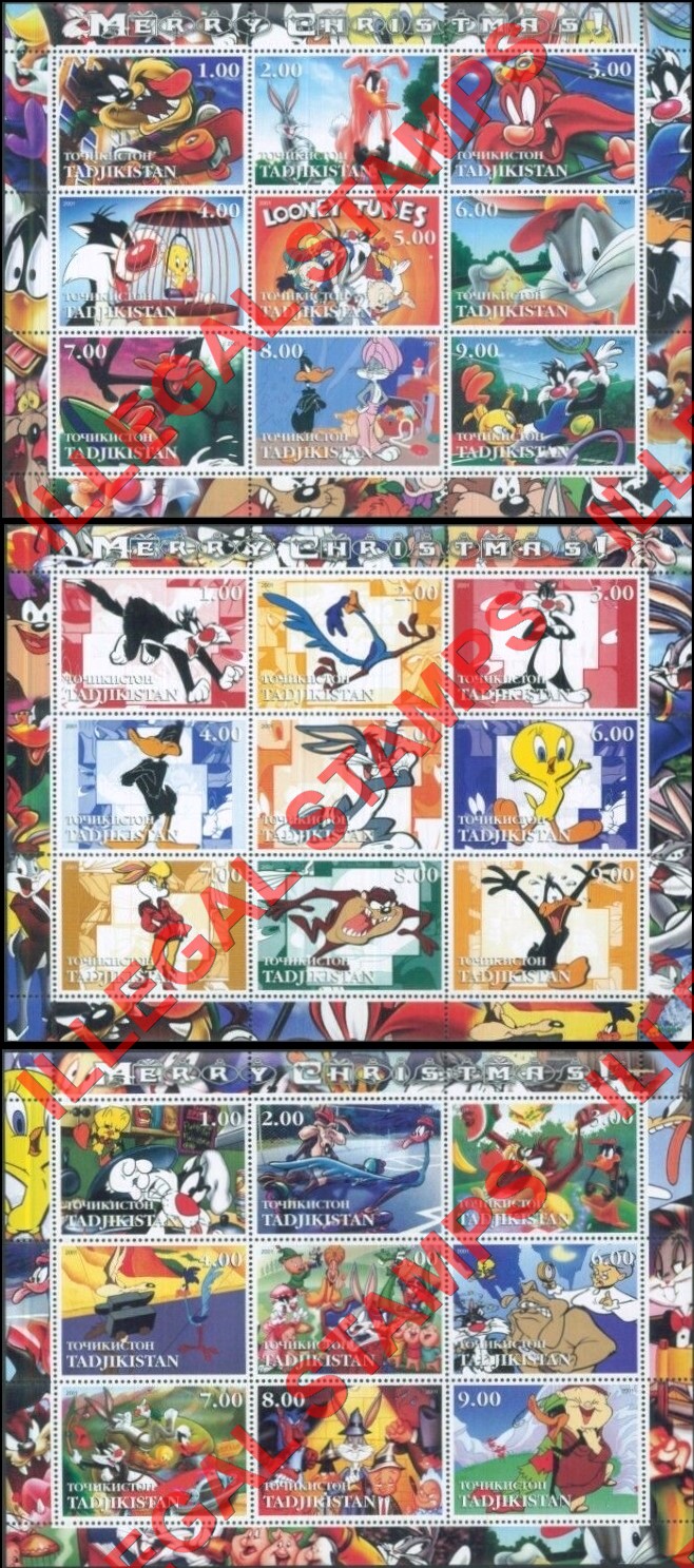 Tajikistan 2001 Looney Tunes Christmas Illegal Stamp Souvenir Sheet of 9 Tajikistan 2001 Looney Tunes Christmas Illegal Stamp Souvenir Sheet of 9