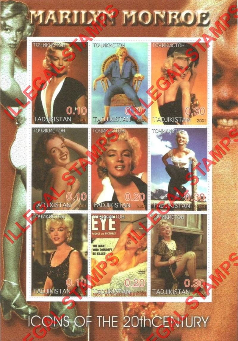 Tajikistan 2001 Marilyn Monroe Illegal Stamp Souvenir Sheet of 9 Tajikistan 2001 Marilyn Monroe Illegal Stamp Souvenir Sheet of 9