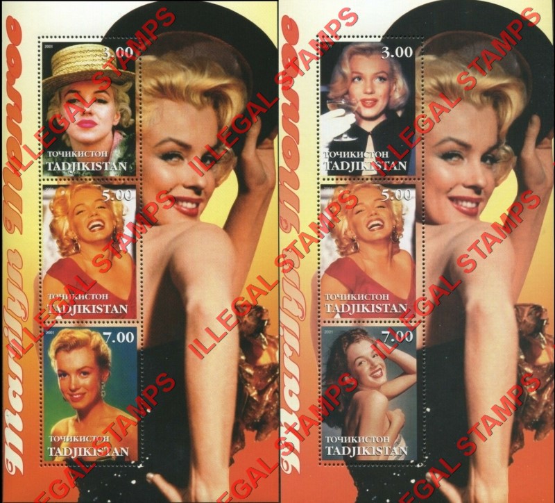 Tajikistan 2001 Marilyn Monroe Illegal Stamp Souvenir Sheets of 3 Tajikistan 2001 Marilyn Monroe Illegal Stamp Souvenir Sheets of 3