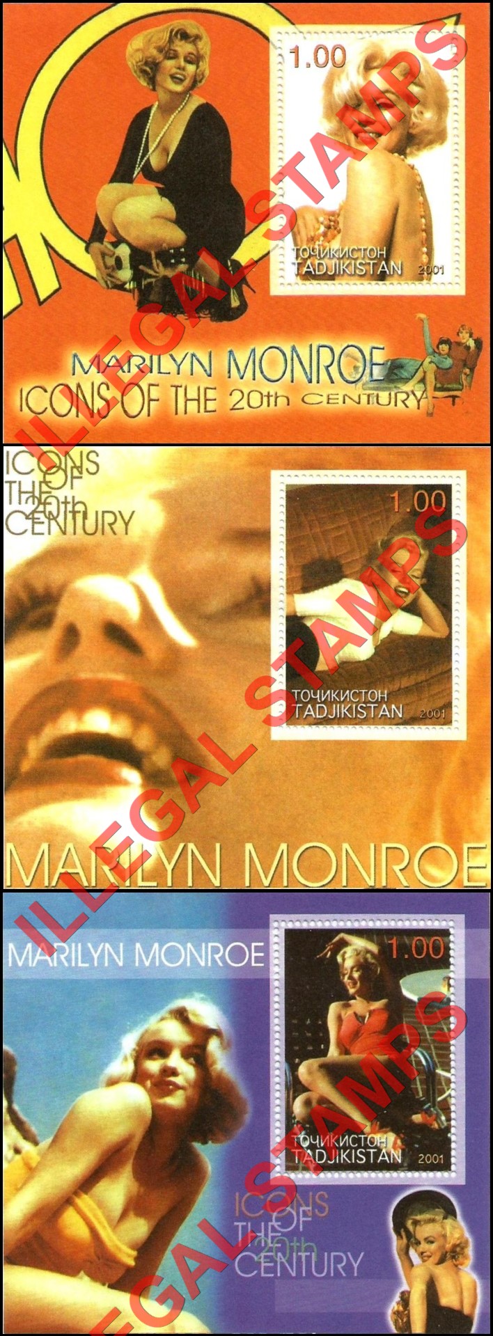 Tajikistan 2001 Marilyn Monroe Illegal Stamp Souvenir Sheets of 1 Tajikistan 2001 Marilyn Monroe Illegal Stamp Souvenir Sheets of 1