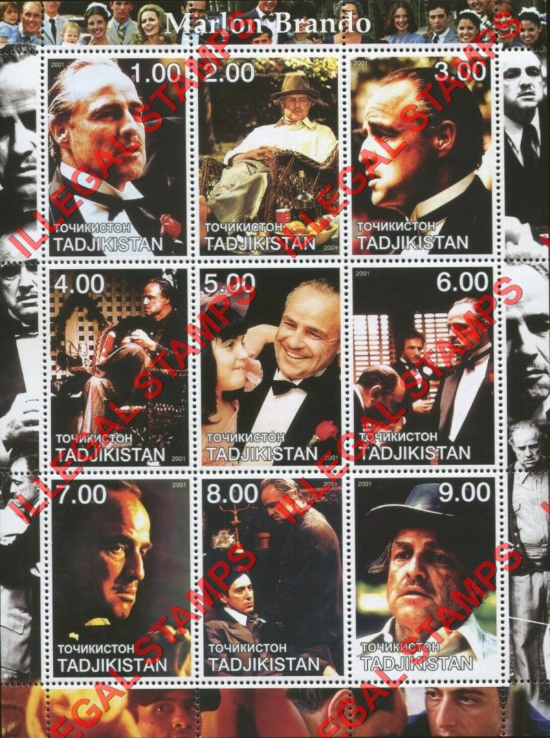 Tajikistan 2001 Marlon Brando Illegal Stamp Souvenir Sheet of 9 Tajikistan 2001 Marlon Brando Illegal Stamp Souvenir Sheet of 9